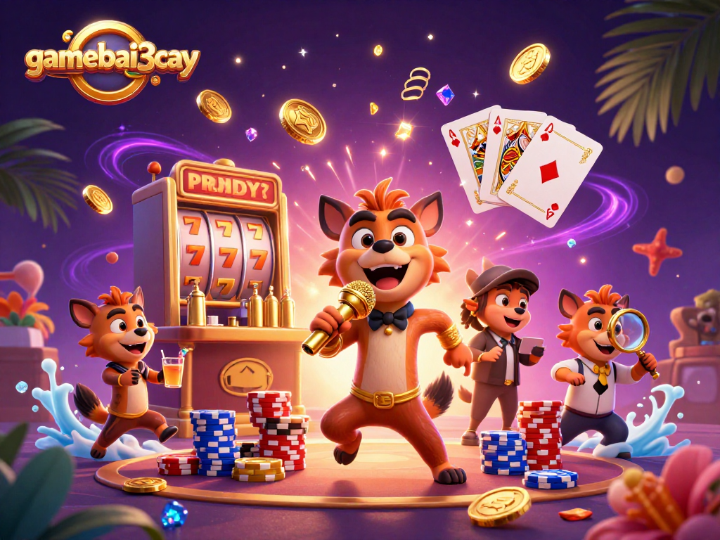 gamebai3cay brings excitement with hyenas in a lively casino club atmosphere, showcasing vibrant gaming elements.