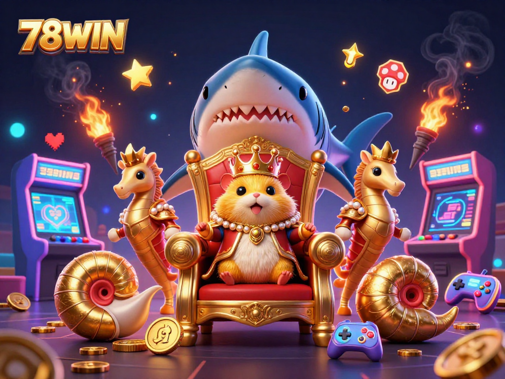 Engage in thrilling gameplay at 78WIN with the majestic golden hamster king and colorful arcade elements.