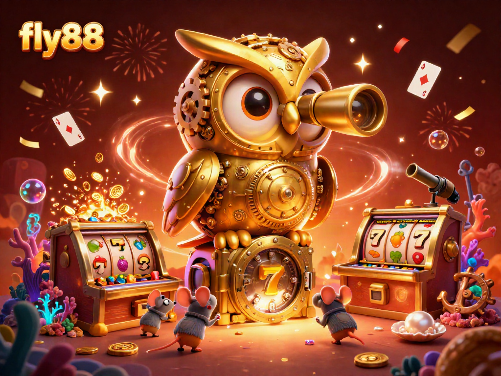 Engage with the fly88 casino experience featuring a golden owl and vibrant game elements.