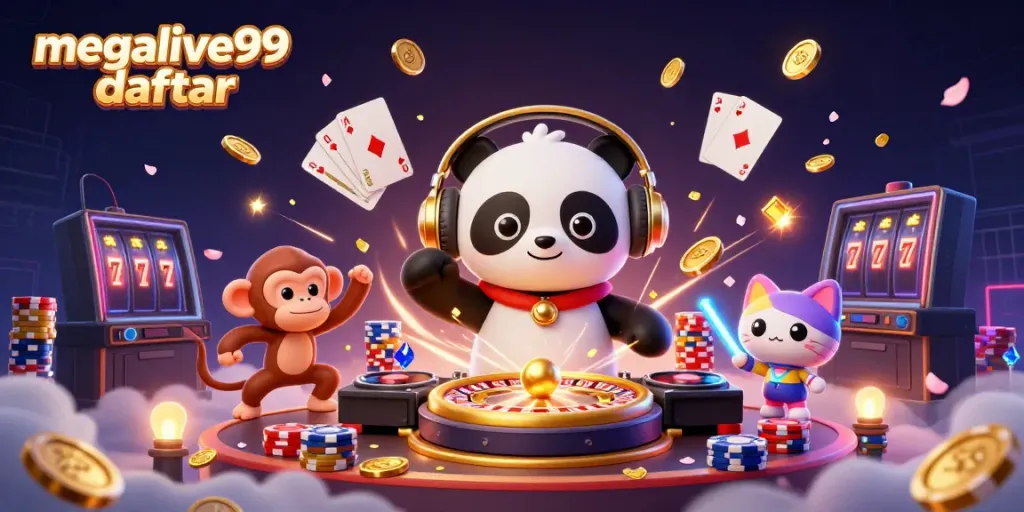 Temukan megalive99 daftar dengan DJ panda 3D dan karakter unik dalam desain kasino.