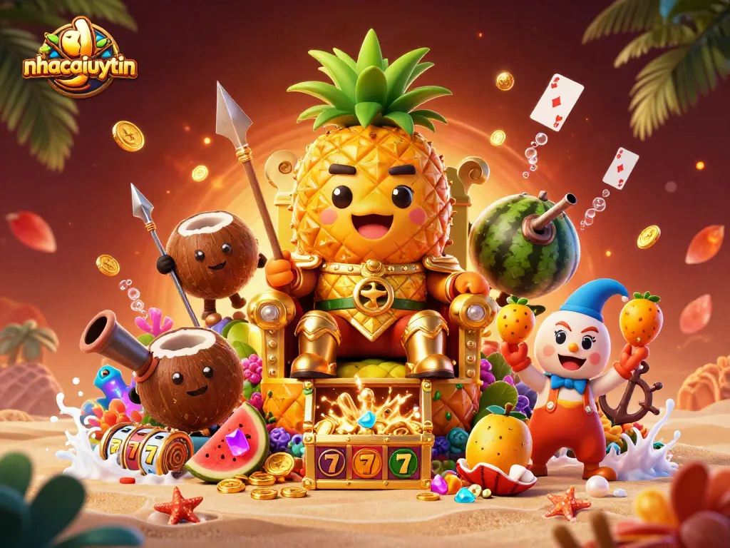 Play exciting slots and win with nhacaiuytin in this vibrant, casino-themed illustration.