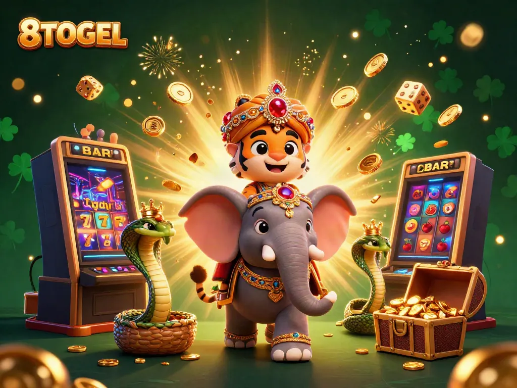 Experience the excitement of 8TOGEL with a vibrant 3D illustration showcasing slot games and jackpot bursts.