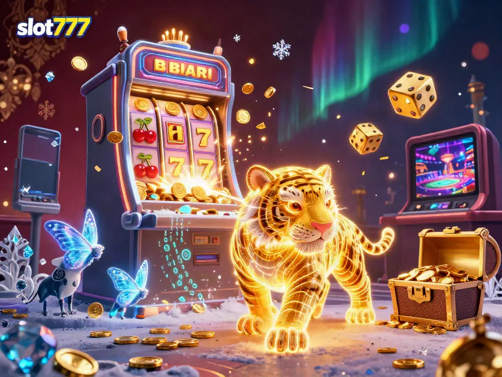 Experience the thrill of slot777 with a dazzling digital casino scene featuring a golden tiger and jackpot bursts.