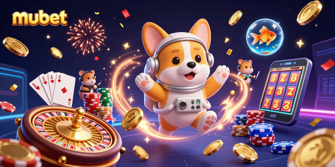 Experience the thrill of mubet with a cartoon corgi astronaut in a vibrant casino scene, floating in space as chips and coins drift.