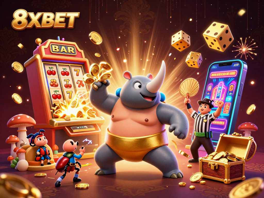 8XBET showcases a thrilling casino scene with a sumo champion beetle, golden coins, and vibrant jackpots.