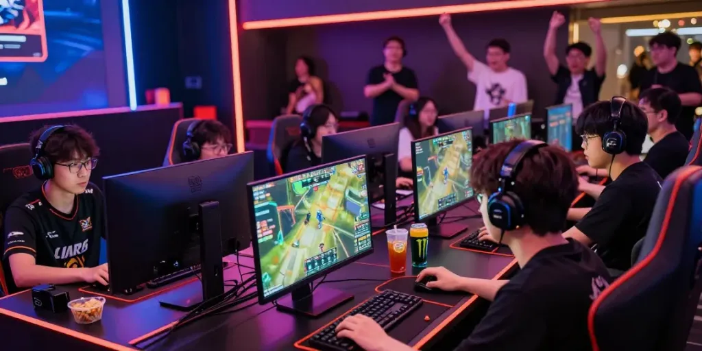 Esports gaming arena showing an exciting juraganbola tournament with players and fans.