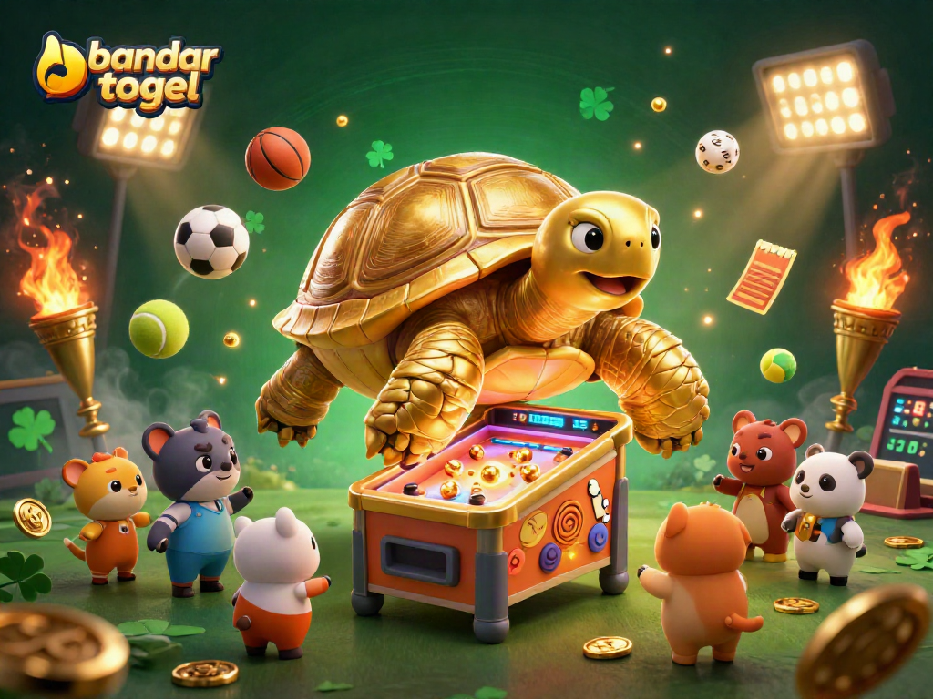 Engaging scene showcasing bandar togel excitement with a golden tortoise pinball and dynamic sports elements.