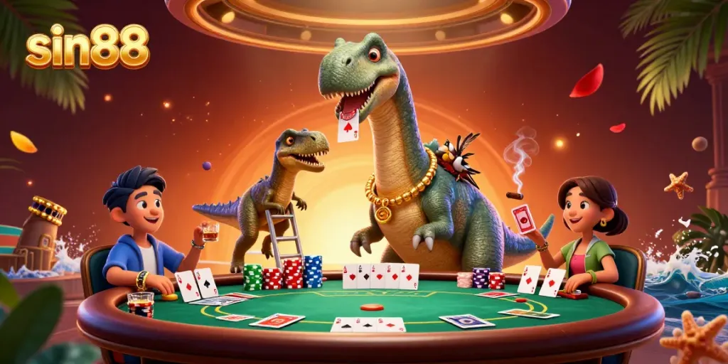 sin88 showcases an exciting casino scene with a giant brontosaurus and clever raptor, enhancing the gambling experience.