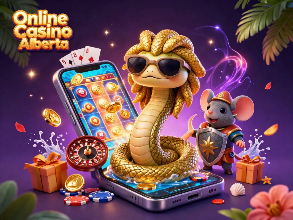 Engage with Online Casino Alberta through a vibrant 3D scene featuring Medusa and a warrior mouse amidst dynamic gaming elements.