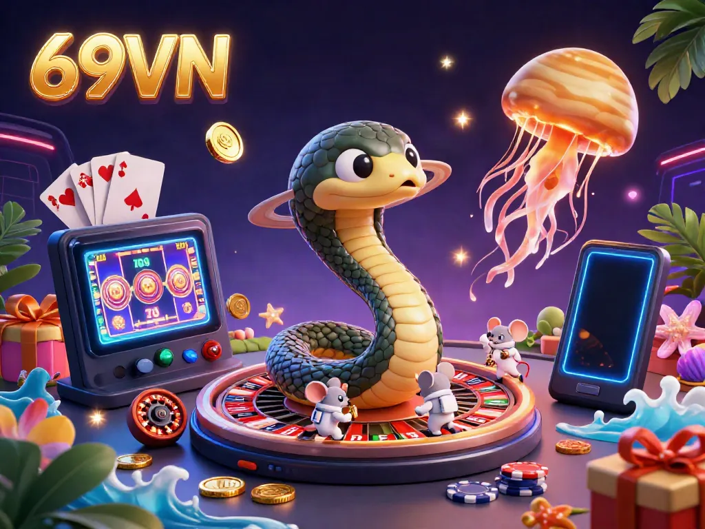 Experience the thrill of casino gaming with 69VN's vibrant 3D scene featuring astronauts betting on a cosmic roulette.