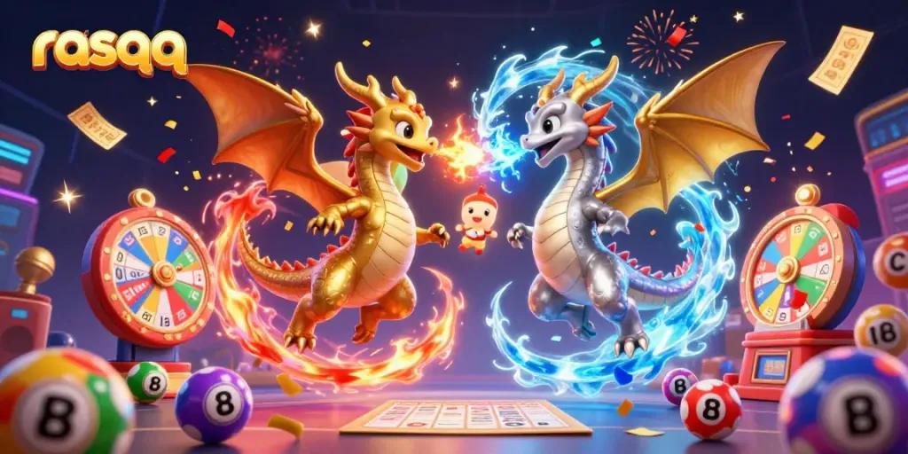 Engage in exciting gameplay with RasQQ as dragons battle alongside colorful lottery elements.