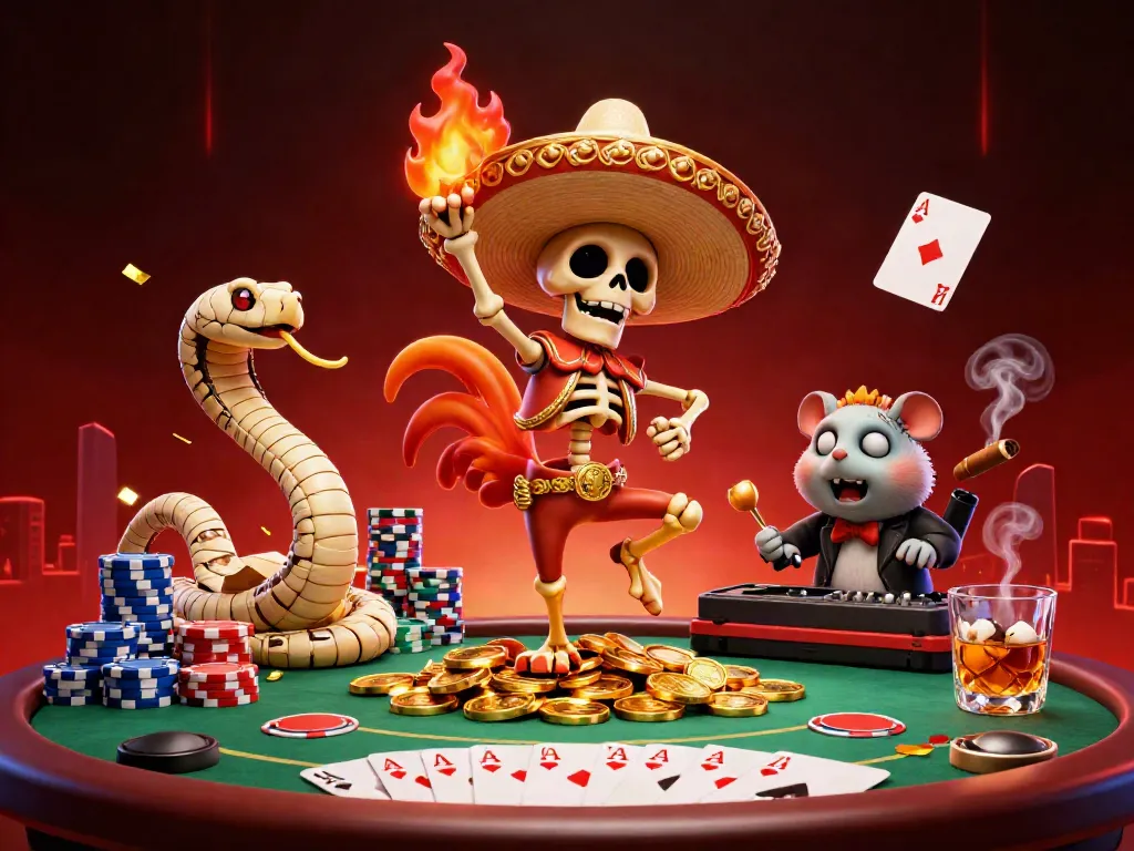 B52 gaming scene featuring a vibrant mariachi rooster, mummy snake, and DJ hamster celebrating with poker chips and cards.