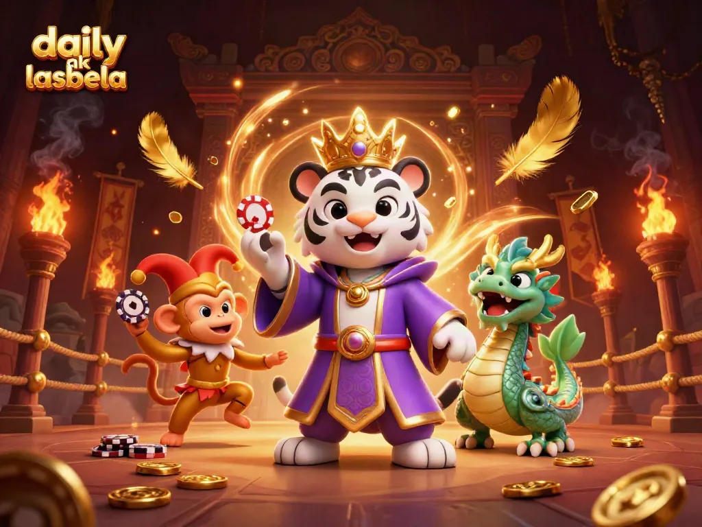 Bet on daily ak lasbela with a royal tiger, jester monkey, and jade dragon in an energetic casino scene.
