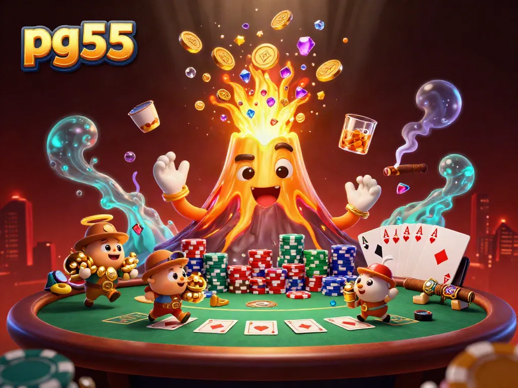 Experience thrilling wins at pg55 with a vibrant volcano erupting treasures and gaming elements in a colorful scene.