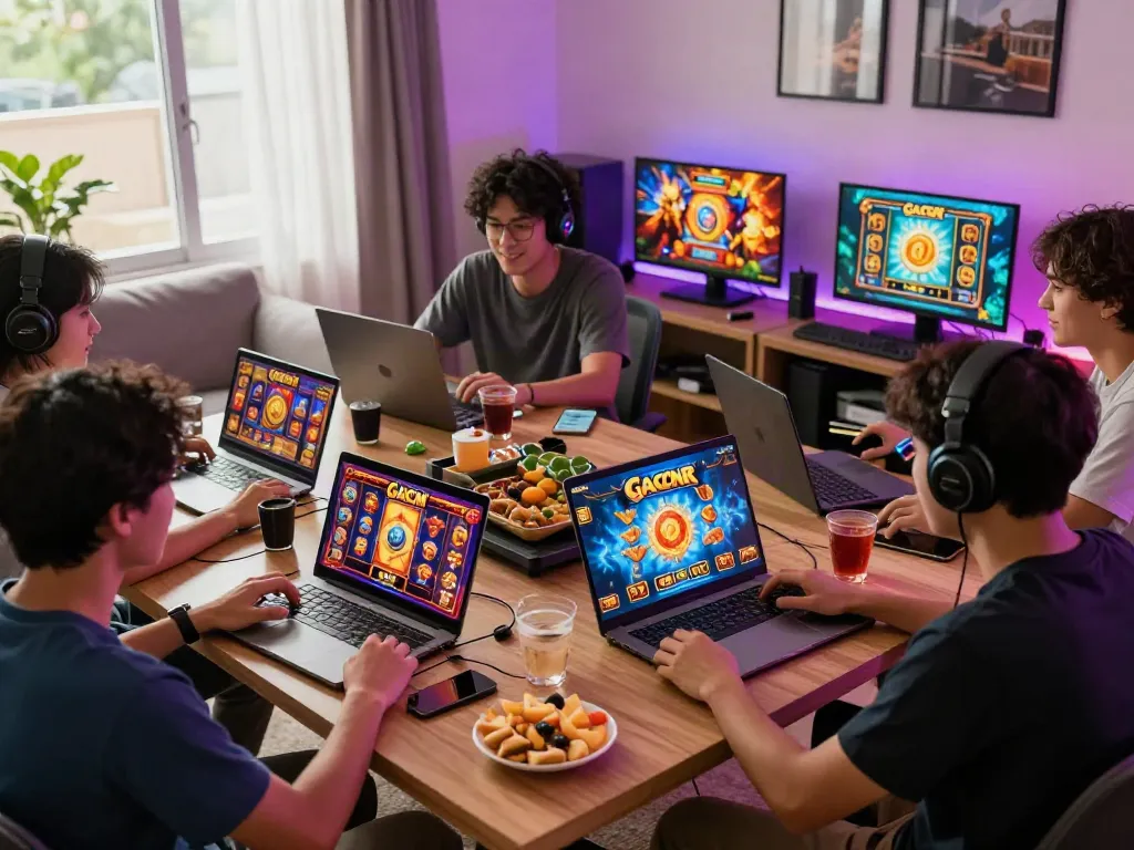 Experience immersive slot online gacor gaming session with players enjoying diverse themes and animated symbols in a vibrant home setup.