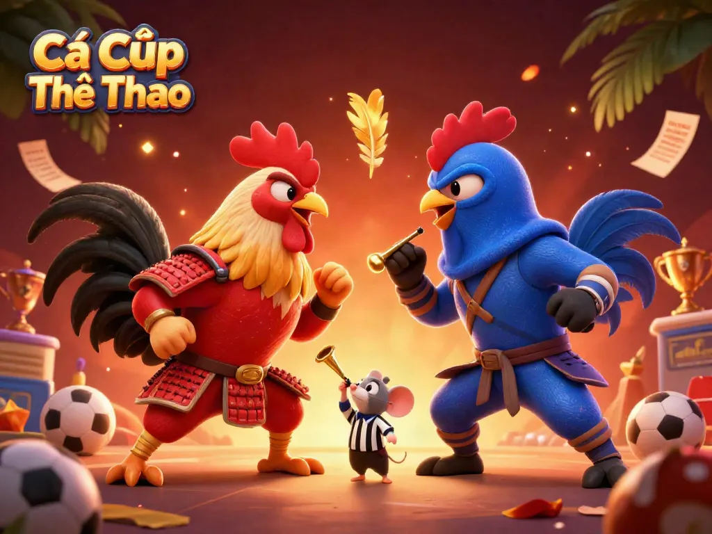 Cá Cược Thể Thao showcases cartoon roosters clashing amid vibrant sports betting elements in a cinematic scene.