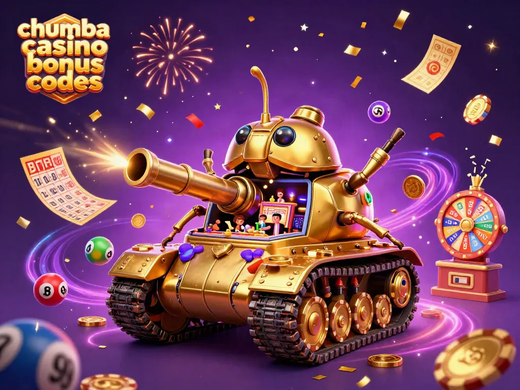 Engage with chumba casino bonus codes through this vibrant 3D illustration filled with lottery excitement and casino elements.