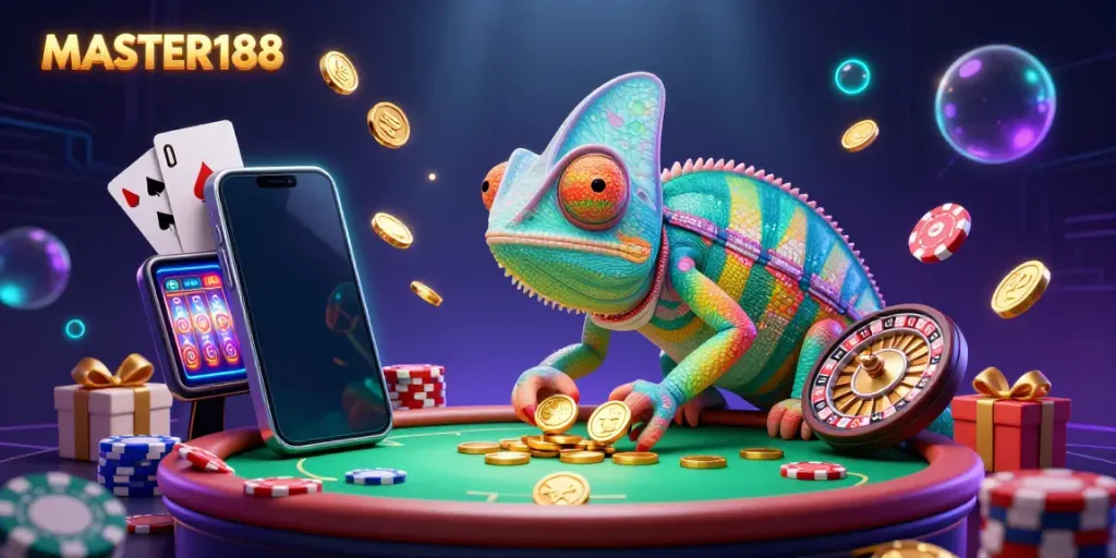 Engage in gaming excitement at MASTER188 with a colorful chameleon casino owner and vibrant game elements.