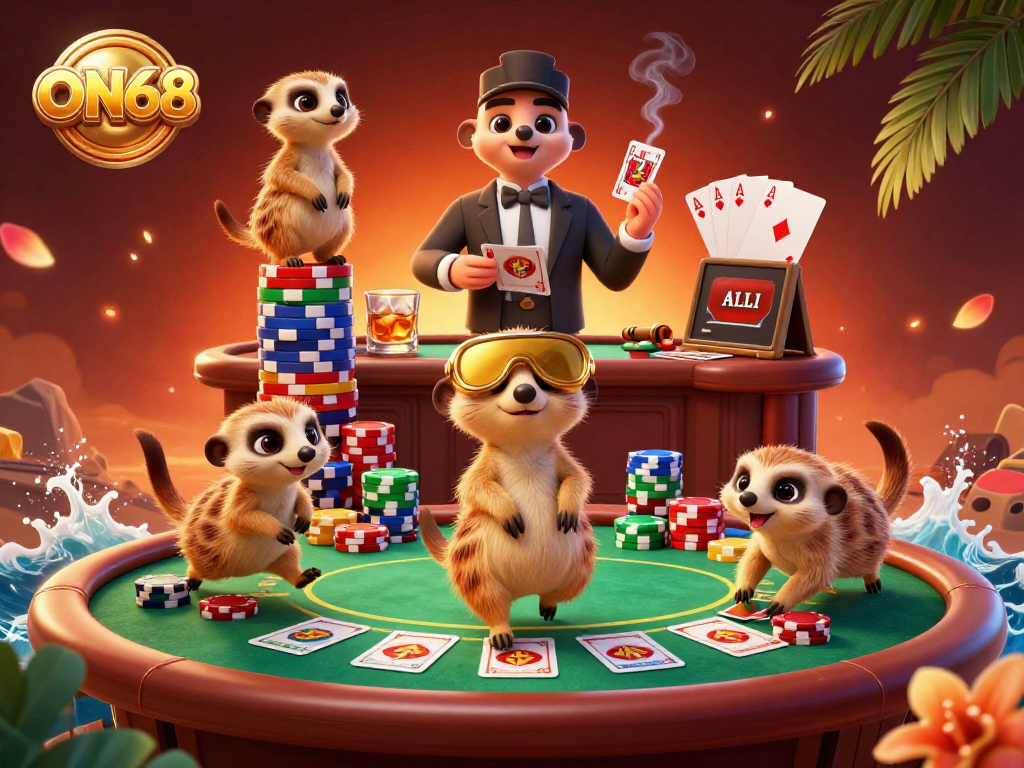 Experience thrilling gaming at ON68 with cartoon meerkats running a vibrant casino.