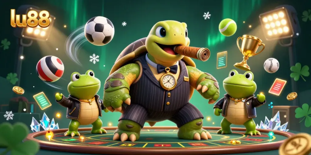 Experience vibrant gameplay at lu88 with a lively casino scene featuring unique characters and dynamic sports elements.