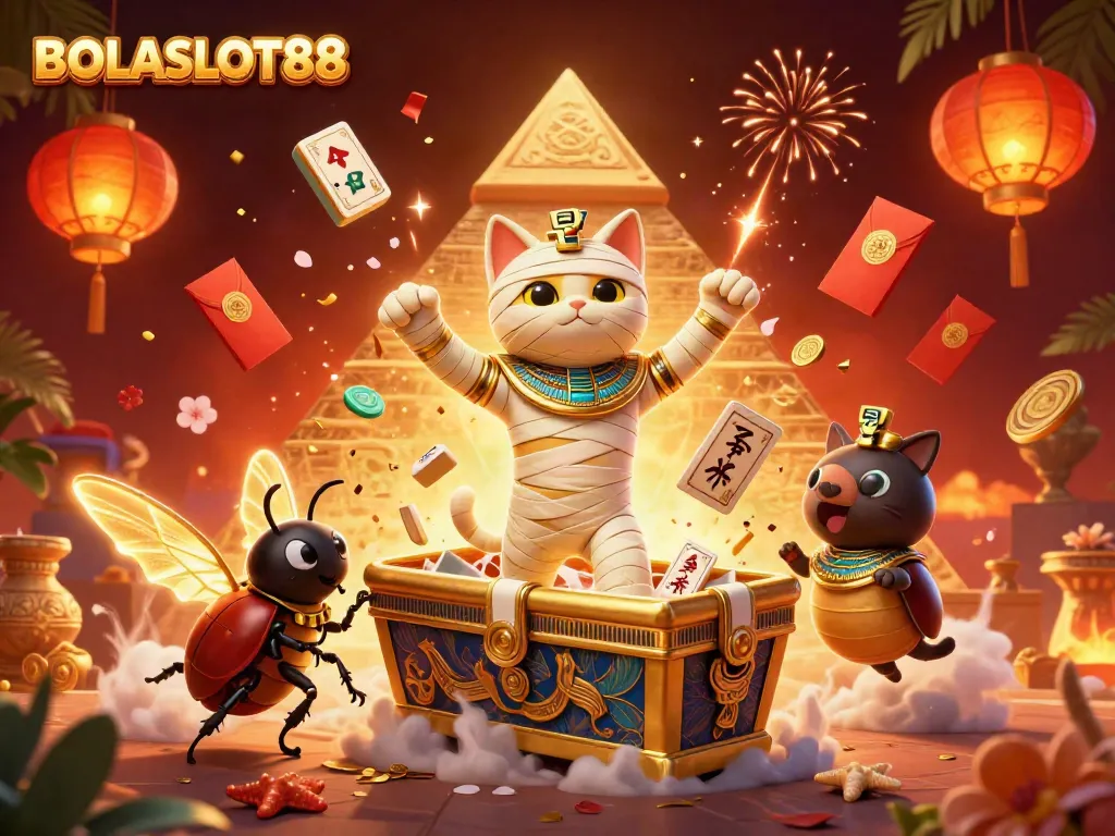 BOLASLOT88 showcases a vibrant gaming scene with a mummy cat in a pyramid casino, bursting with dynamic game elements.