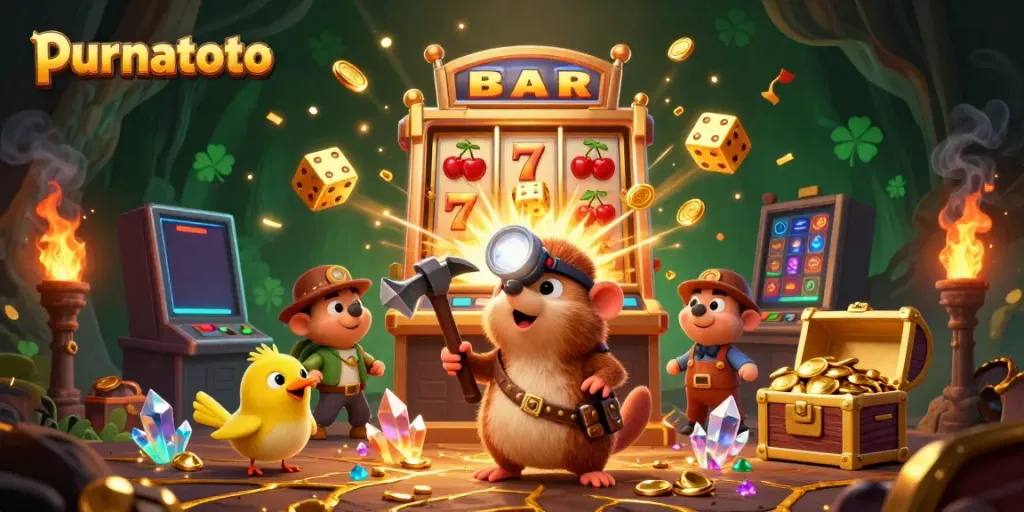 PURNATOTO menampilkan karakter tikus penambang beraksi di dalam gua berharga dengan slot mesin yang penuh kejutan.