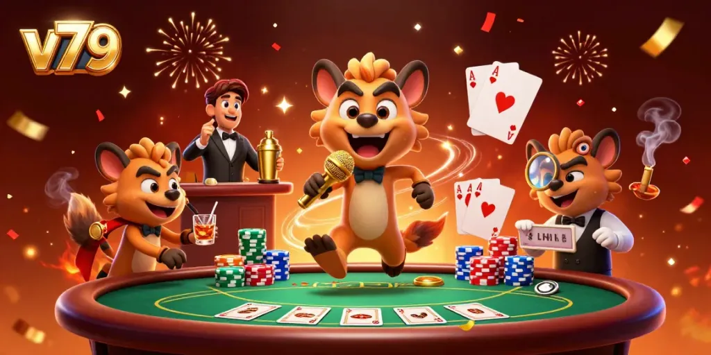 Experience the vibrant atmosphere of v79 with hyena characters in a lively casino scene.