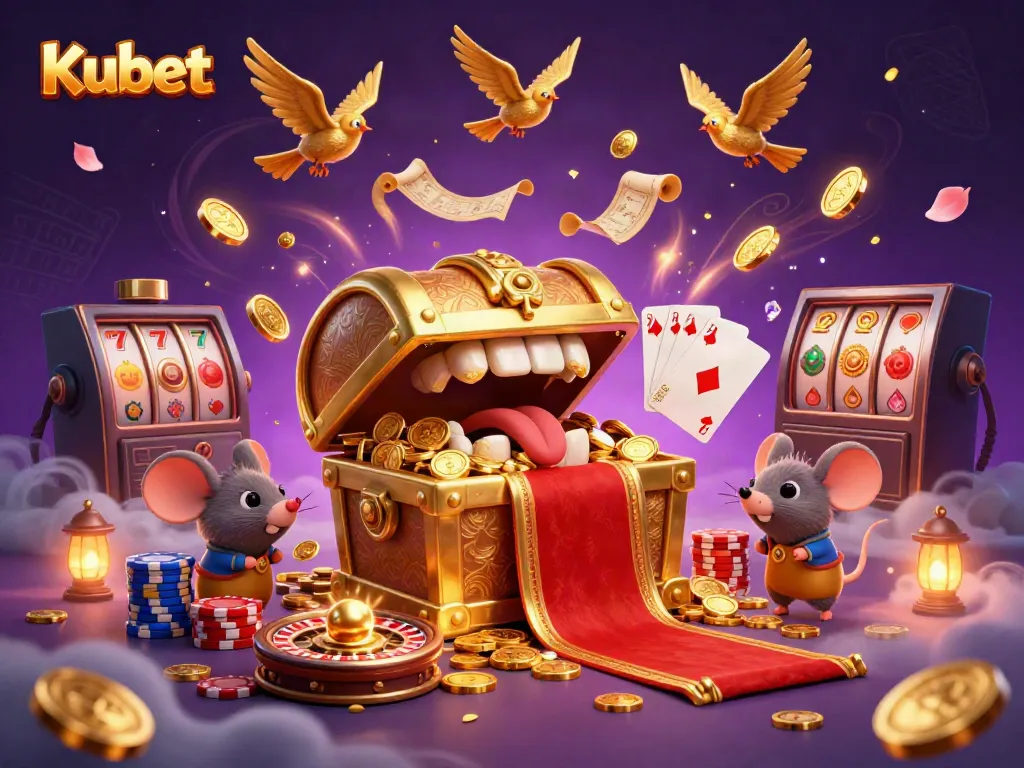 Kubet lures players with a golden casino treasure chest, vibrant coins, and slot symbols.