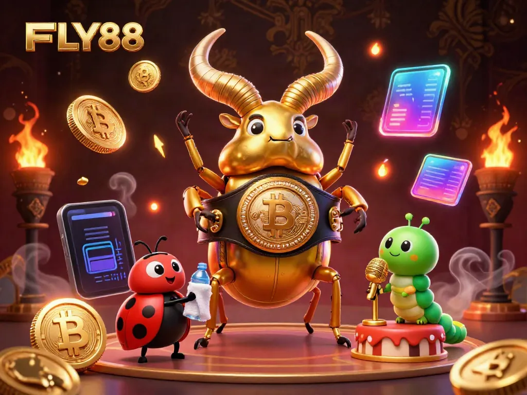 Experience FLY88 with exciting golden stag beetle, ladybug corner-man, and caterpillar announcer in a vibrant casino scene.