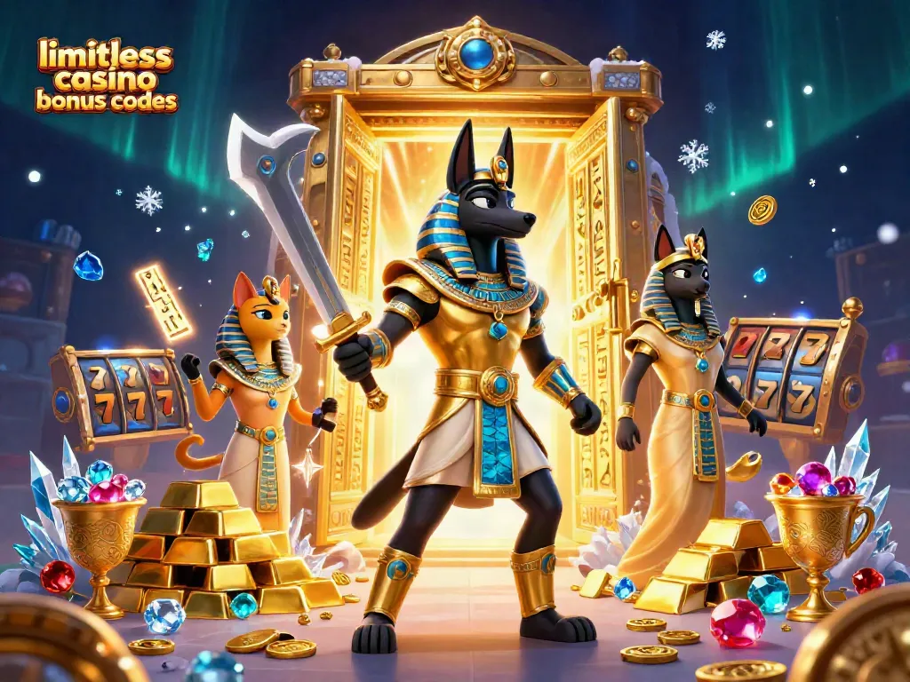 Unlock limitless casino bonus codes through an energetic 3D casino-themed illustration filled with treasures and excitement.