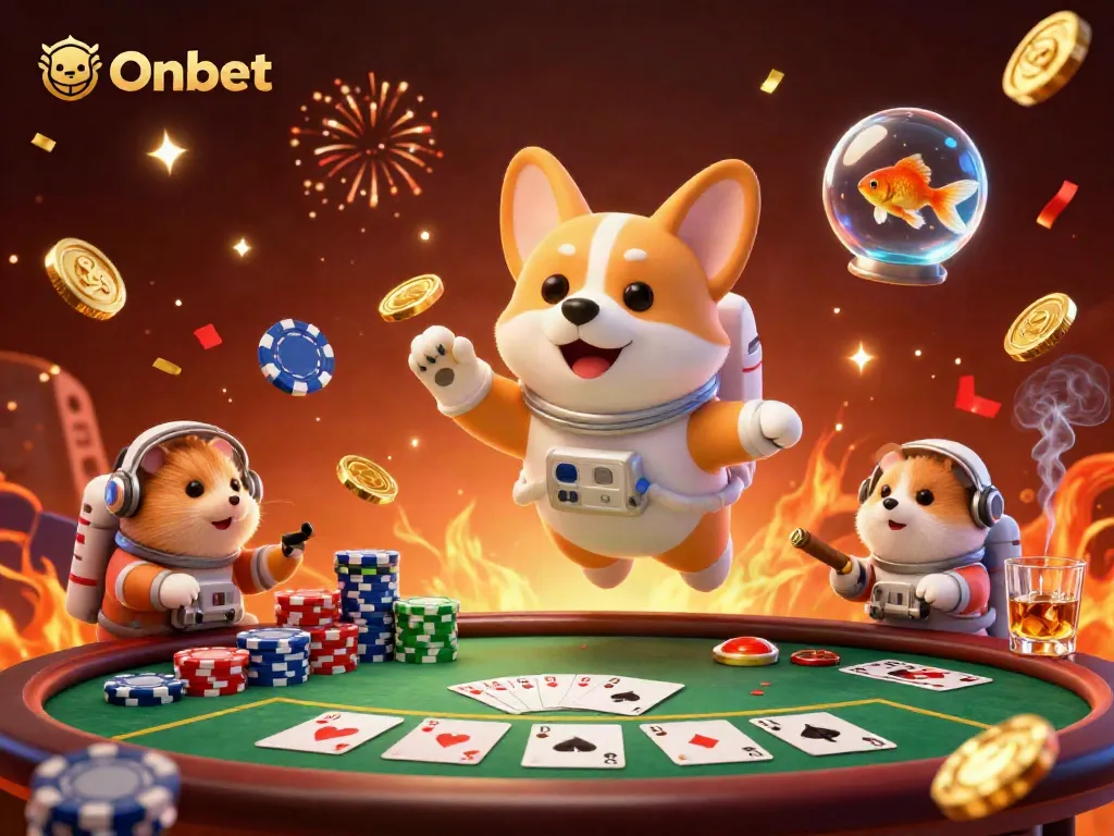 Engage in thrilling Onbet casino action with floating corgi and casino elements in space.