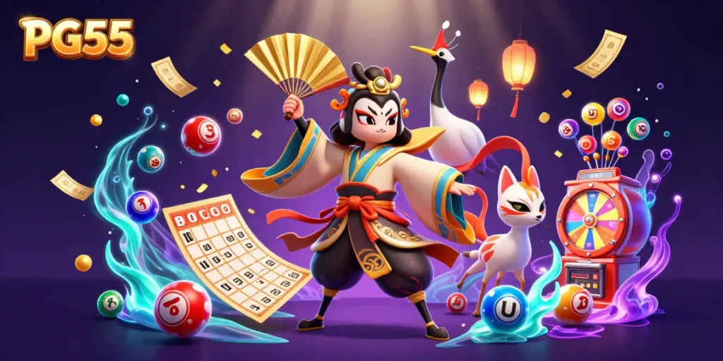 Engage with PG55 through vibrant casino-themed 3D art featuring kabuki warriors and bright lottery elements.