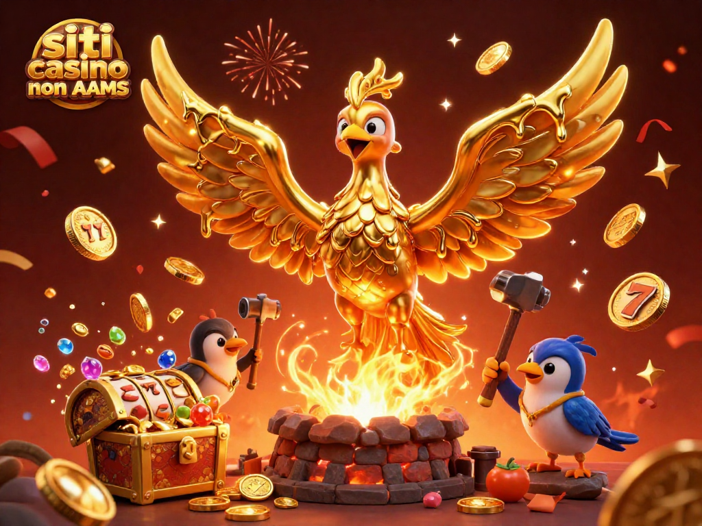 Giocando su siti casino non AAMS con un fenice dorata di metallo fuso circondata da simboli di gioco e monete d'oro.