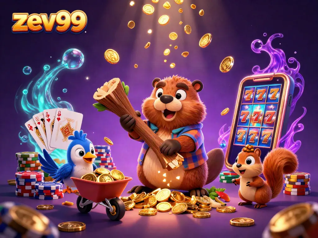 Experience zev99's thrilling jackpot spins with a vibrant casino scene depicting cartoon characters in action.