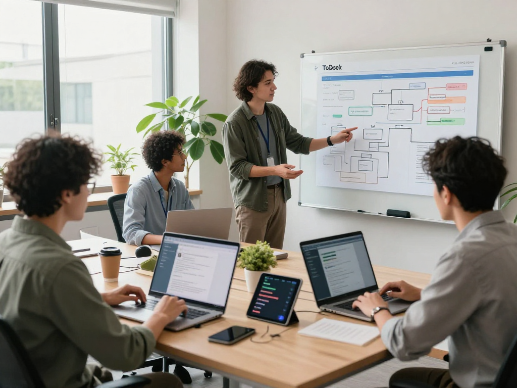 Team using ToDesk for effective remote collaboration in a modern workspace.