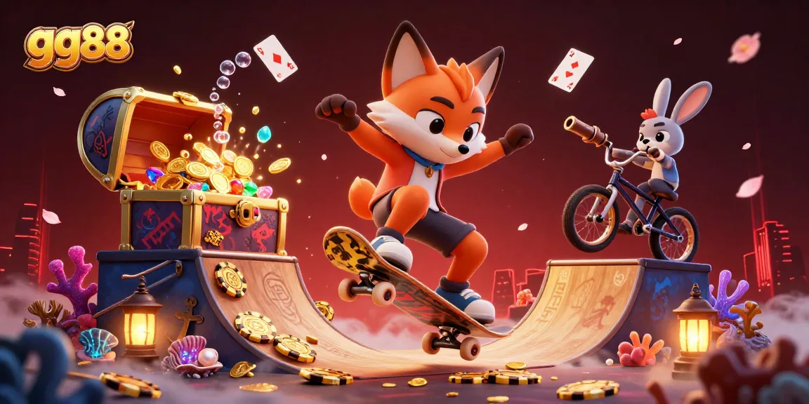 Experience the thrill of gg88 with a skateboarder fox and BMX rabbit in an epic casino scene.