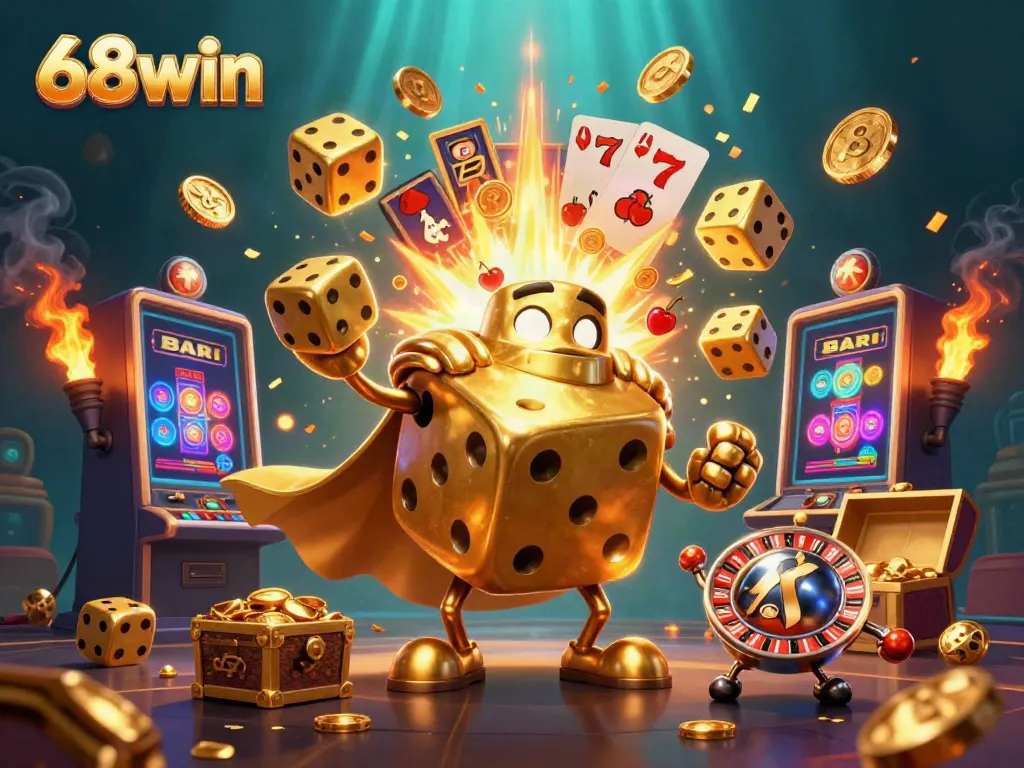 Engage with 68win's exciting casino scene featuring a golden dice character and slot machine bursting with rewards.