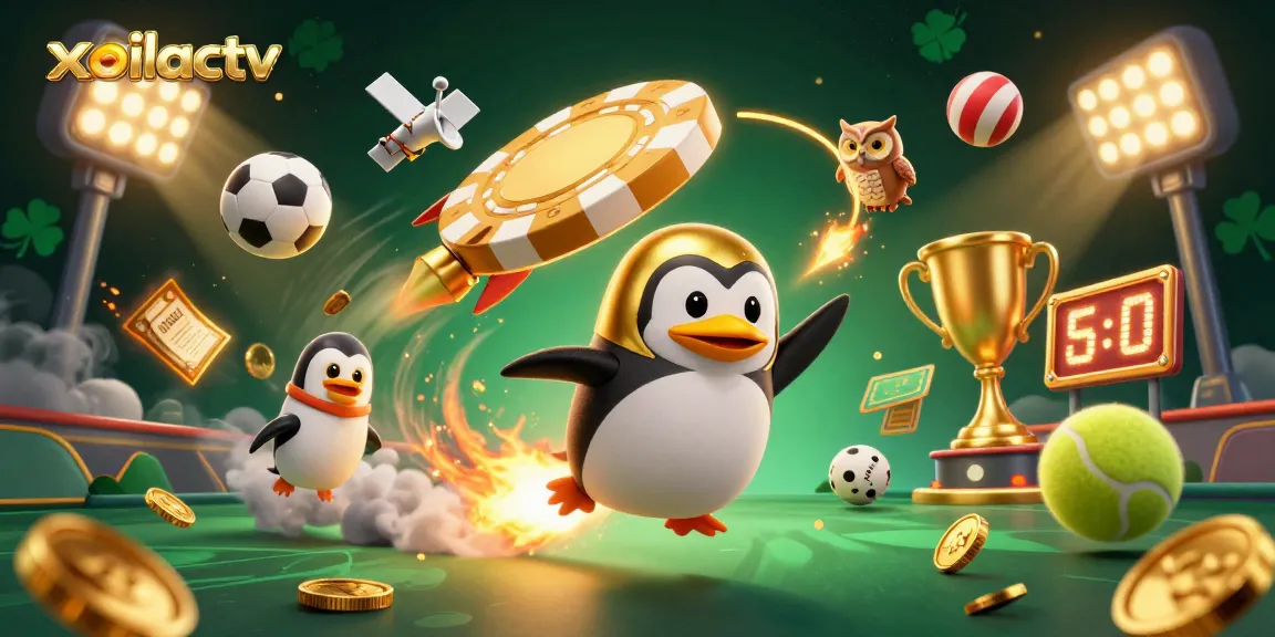 Xoilactv offers an engaging space exploration of sports with a golden penguin leading a dynamic adventure.