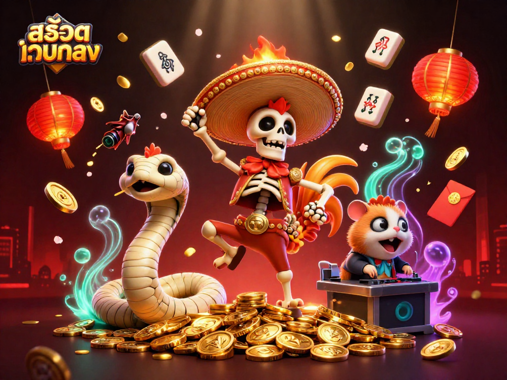 Engage with สล็อตเว็บตรง and discover the thrilling victory of a mariachi rooster DJ celebrating on a pile of coins.