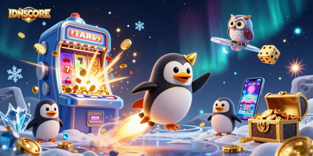 Experience the excitement of IDNSCORE's gaming universe with a vibrant scene of a golden penguin and casino elements.