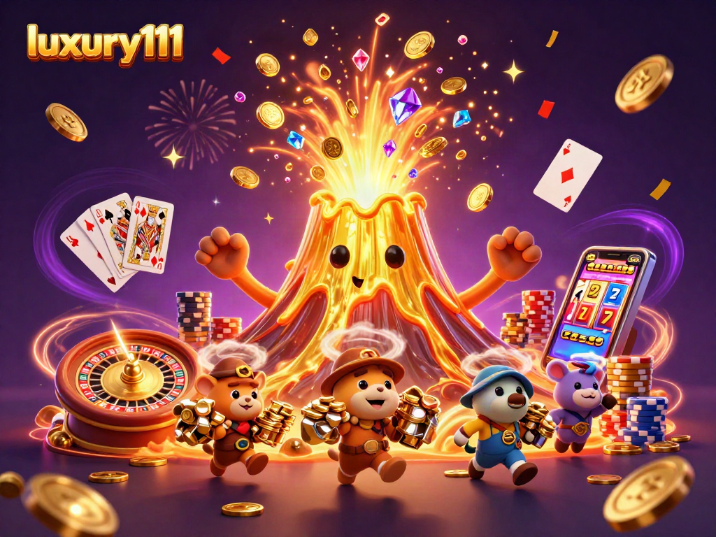 Experience excitement at luxury111 with a triumphant volcano rewarding treasures in this casino scene.