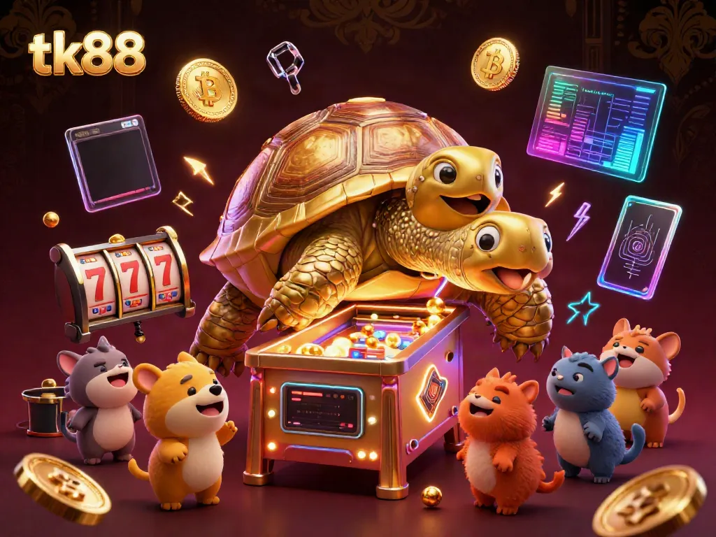 Experience the thrilling tk88 online casino with a vibrant illustration of a golden tortoise pinball machine surrounded by excited animals.