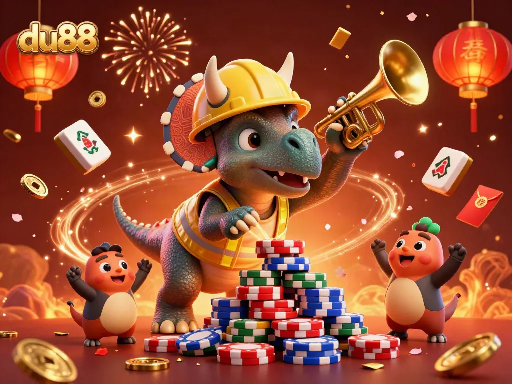 Win big at du88 with 3D triceratops building a poker chip pyramid amidst fireworks and festive symbols!