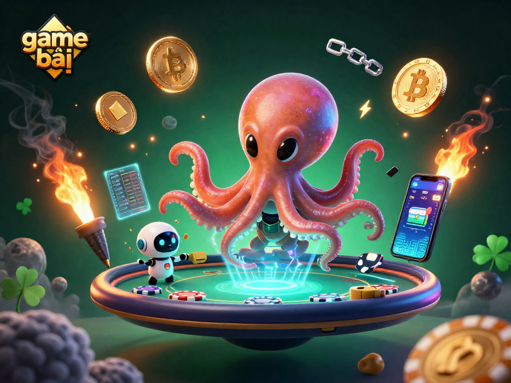 Engage in game bài with a dynamic 3D alien octopus and poker-themed elements.
