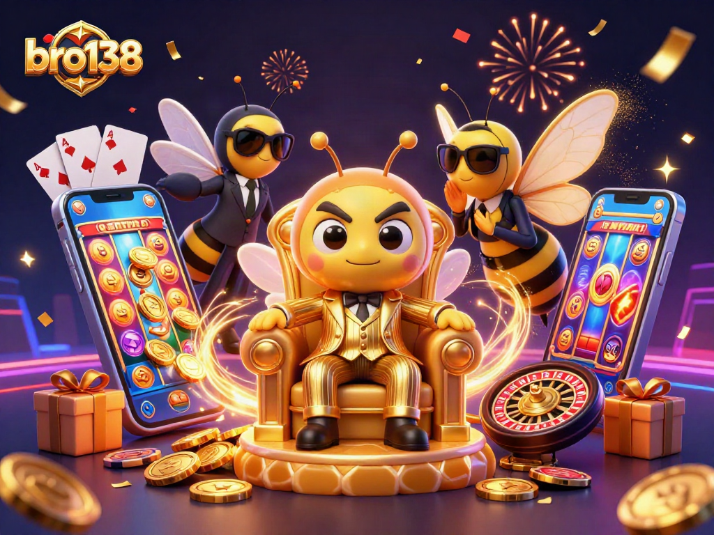 Bro138 buzzing with excitement as the 3D mob boss oversees a slot game party filled with coins and cards.