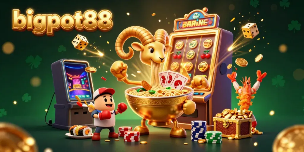 Experience bigpot88's vibrant casino atmosphere with playful characters and dynamic gaming elements.