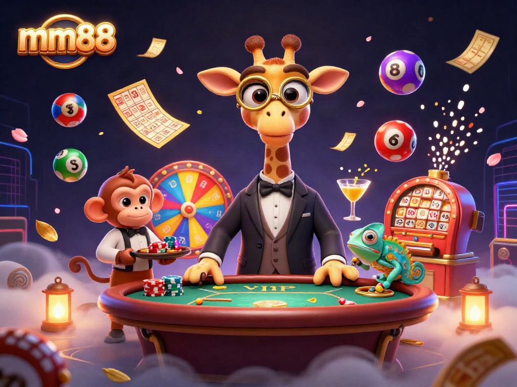 Experience excitement at mm88 with a vibrant casino scene featuring a high-roller giraffe and dynamic game elements.