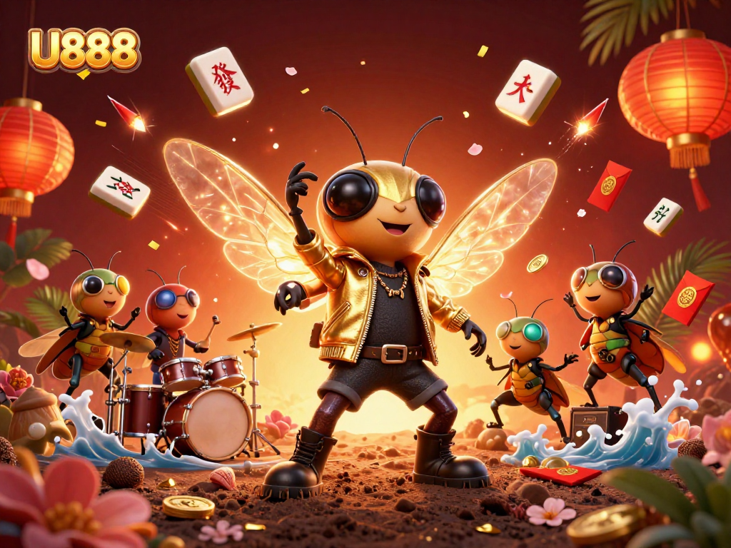 Experience thrilling U888 gaming with a vibrant 3D illustration of a cicada rock star amid spectacular casino elements.