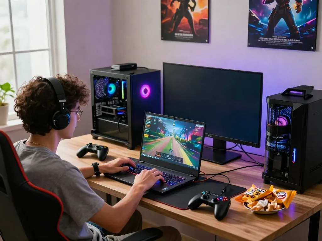 A person enjoying akunjp online gaming experience in a vibrant, tech-savvy environment.