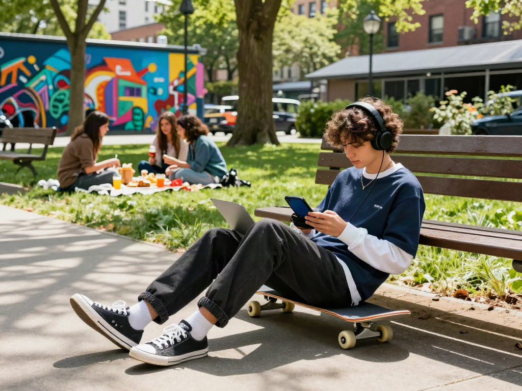 Youthful urban lifestyle featuring peh888 in stylish streetwear, enjoying leisure and social life in city park.